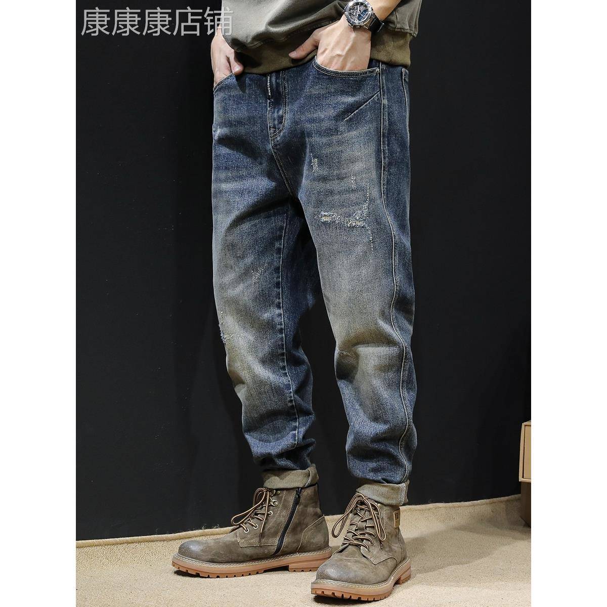 MADNESS MDNS WRUEI JEANS余文乐加绒休闲裤男潮牌百搭水洗牛仔裤