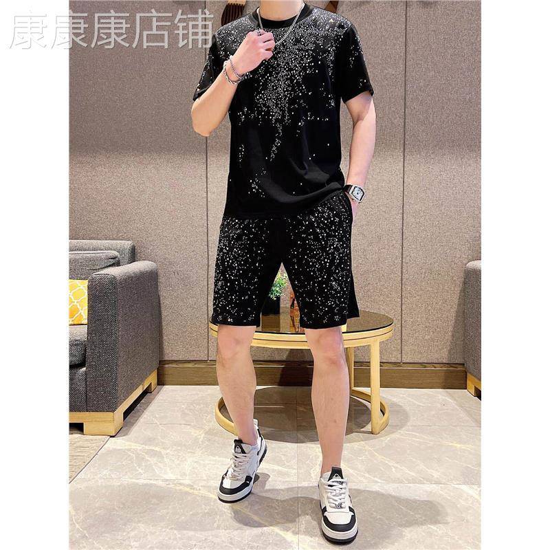 夏季新款韩版时尚烫钻套装男士青年痞帅休闲运动短袖短裤两件套男