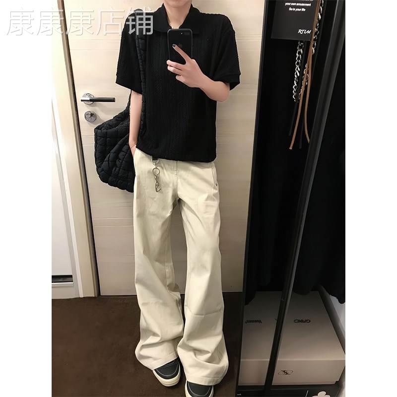 米白色牛仔裤男夏季薄款美式高街cleanfit直筒裤子宽松休闲微喇叭