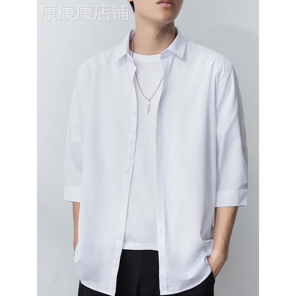 短袖衬衫男士夏季新款白色休闲薄款冰丝半袖上衣潮流痞帅衬衫外套