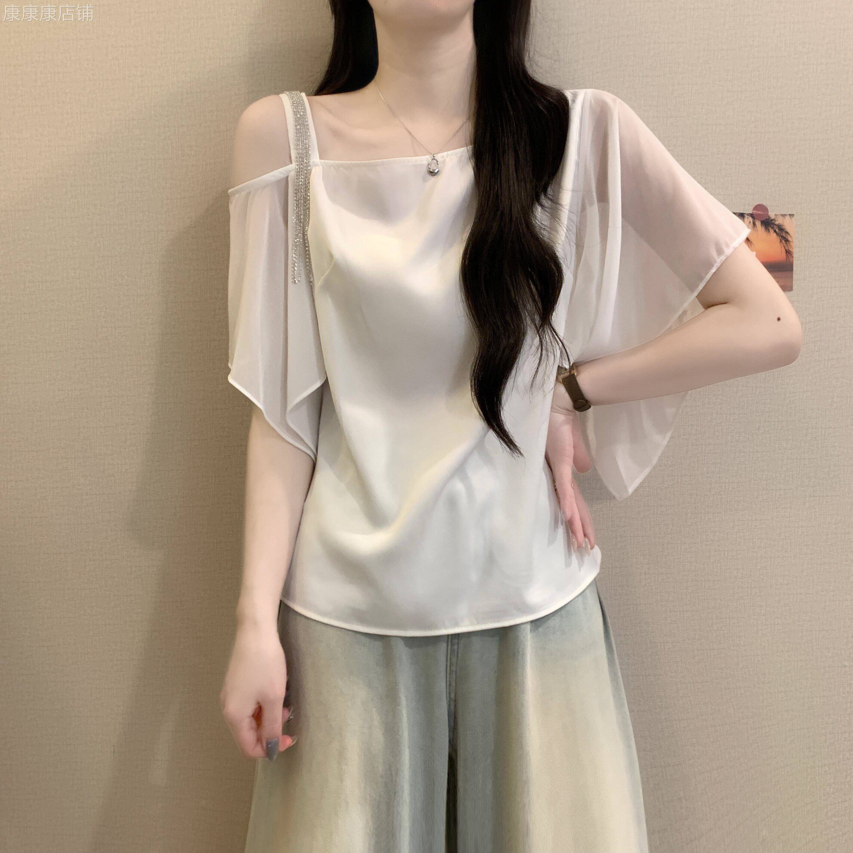 设计感露肩短袖雪纺衬衫女薄款夏季2026大码胖mm今年流行漂亮上衣