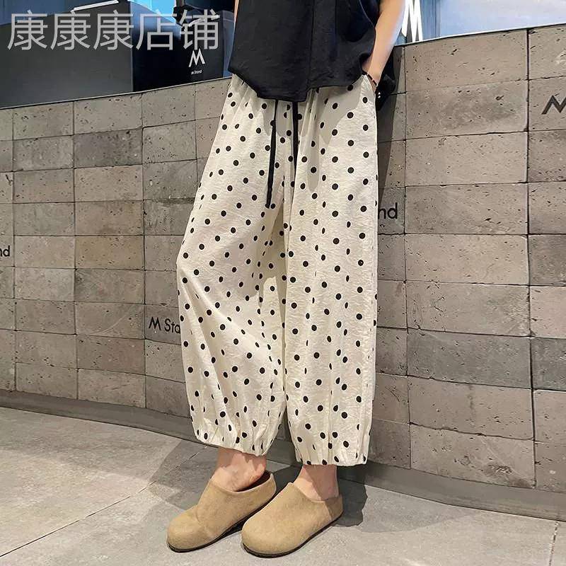 冰丝波点九分裤子女夏薄款新款防蚊防晒休闲杏色灯笼裤高腰宽裤