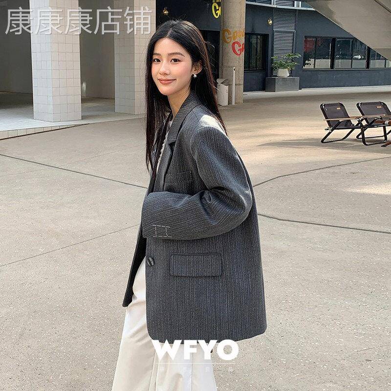 WFYO/韩版小西装外套女2026新款春秋休闲灰色条纹西装气质小个子