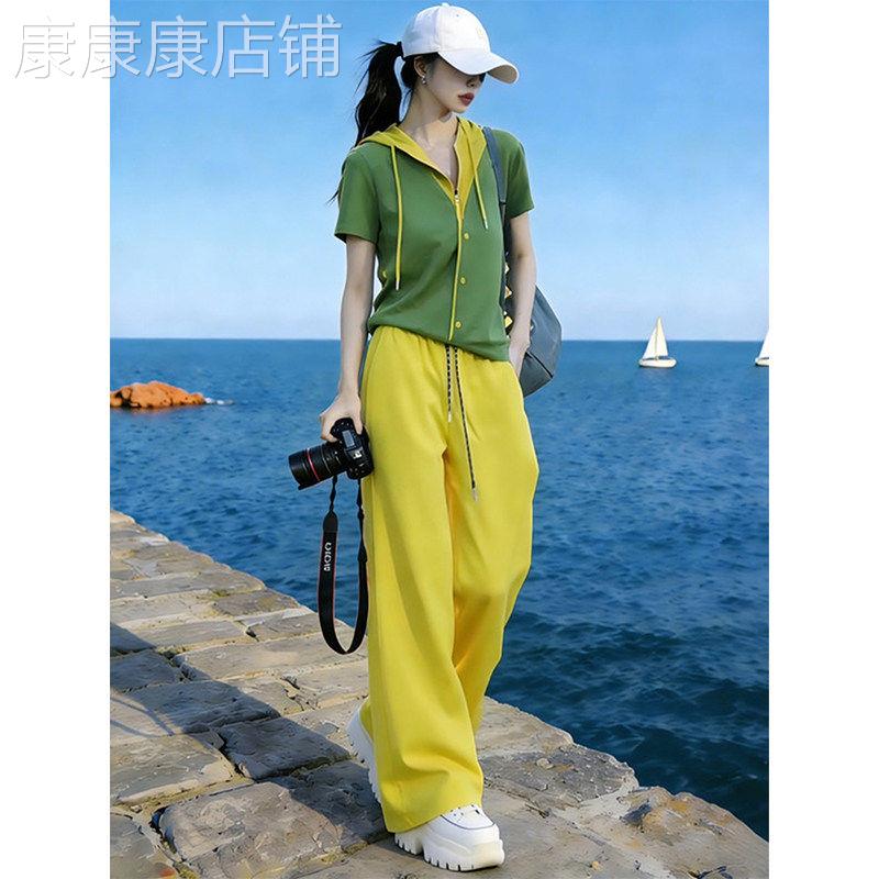 欧洲站休闲运动套装女2026新款夏季洋派连帽短袖上衣阔腿裤两件套