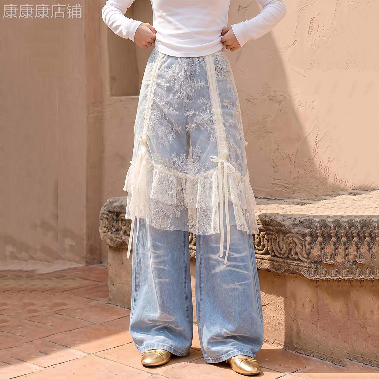 蕾丝屁帘阔腿牛仔裤女2026秋季新款设计高腰宽松遮胯气质休闲长裤
