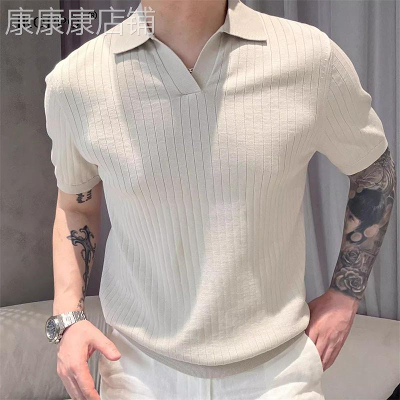 高端男士商务休闲黑色短袖polo衫轻奢高级感冰丝针织条纹v领t恤