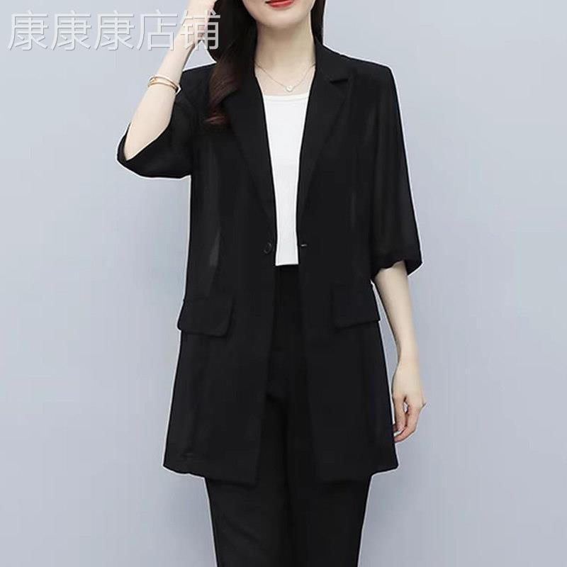 薄款雪纺西装外套女夏季款气质女神范西服时尚加肥加大码休闲上衣