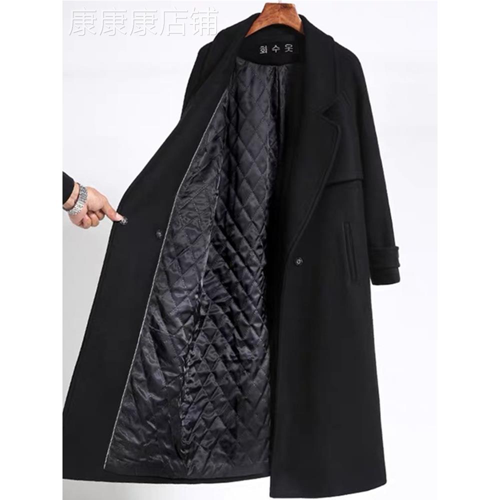 韩国黑色毛呢外套女秋冬新款宽松加棉加厚系带羊绒中长款西装大衣