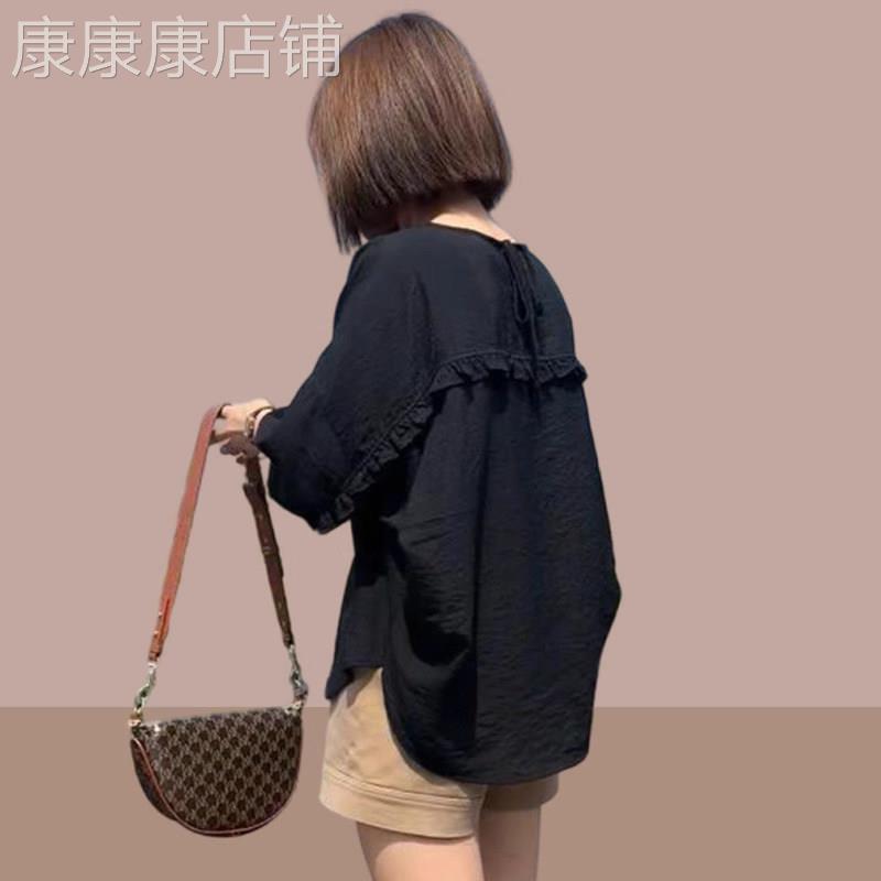 黑色雪纺衬衫女短袖夏季薄款2026新款宽松显瘦蝙蝠七分袖衬衣上衣