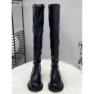 香港靴子长筒靴女过膝高个子2025秋冬新款加绒高筒骑士靴平底长靴