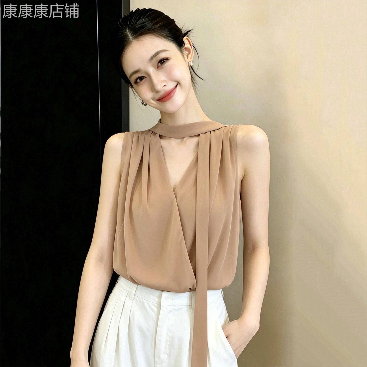 班奈悦法式高级感飘带V领无袖雪纺衫女夏季别致显瘦洋派减龄上衣
