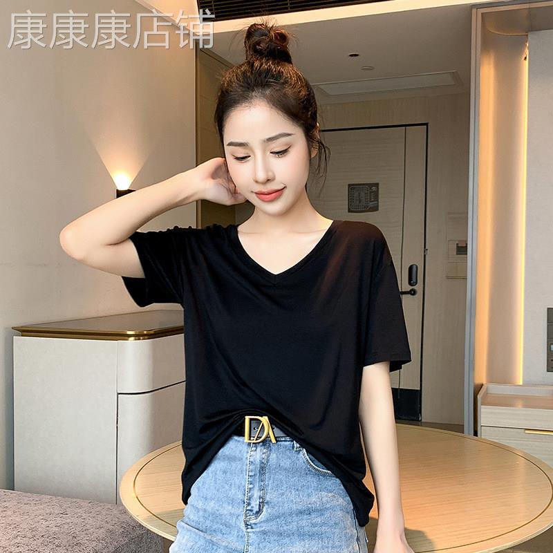 黑色V领休闲宽松莫代尔短袖t恤女2026年夏季新款百搭薄款洋派上衣