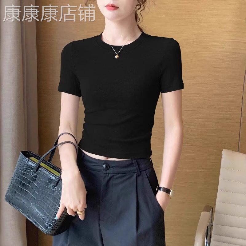 黑色圆领正肩短袖t恤女士2026夏季穿搭薄款紧身显瘦短款辣妹上衣