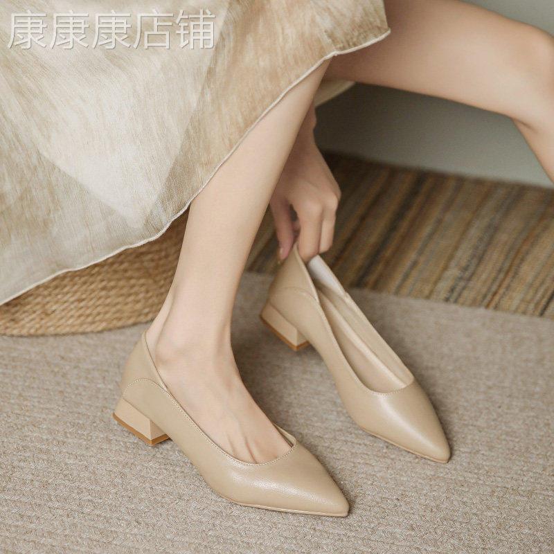 真皮裸色粗跟高跟鞋女2026新款夏季低跟不累脚通勤工作鞋尖头包鞋