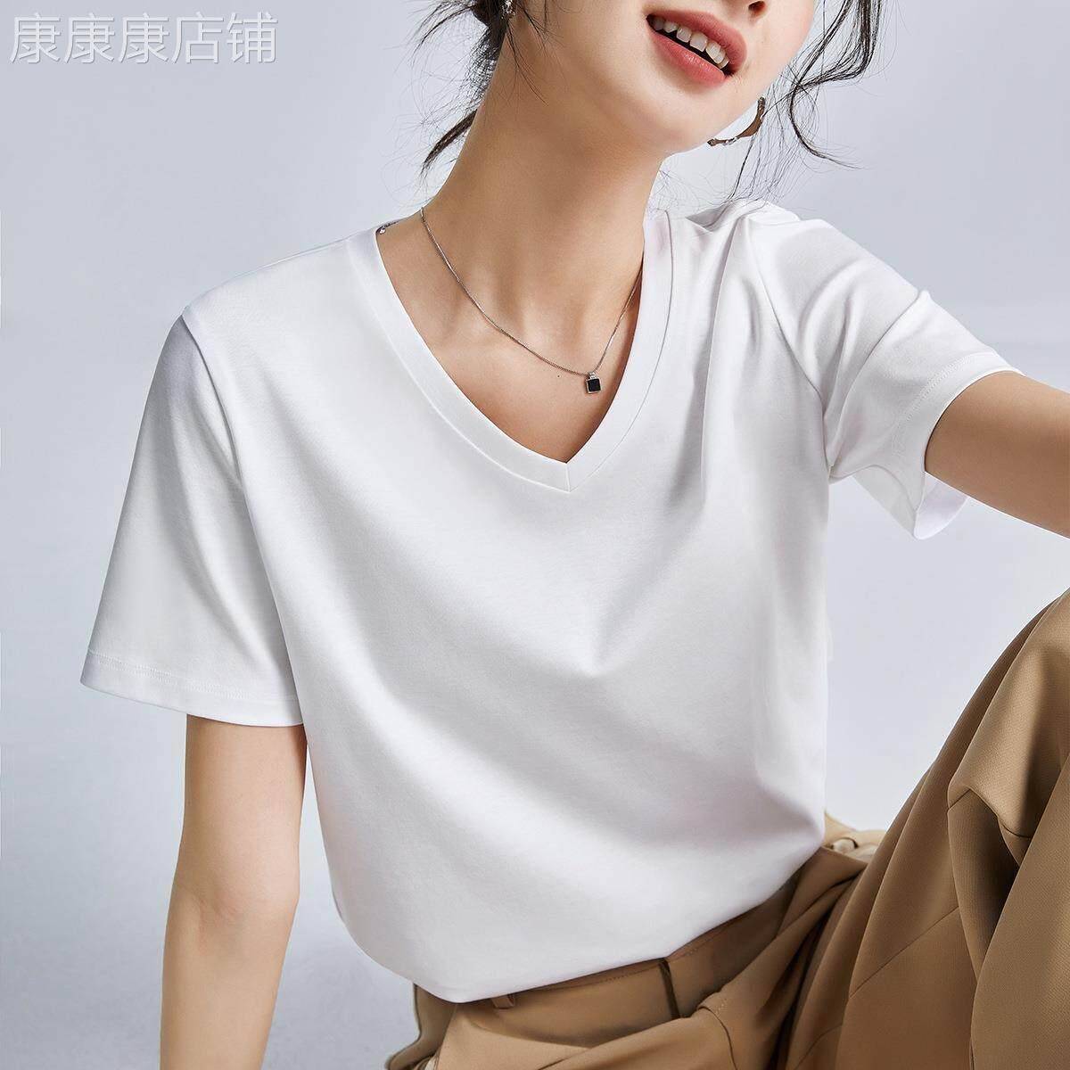 白色正肩V领短袖T恤女夏季2026新款V领T恤衫纯色简约凉感上衣
