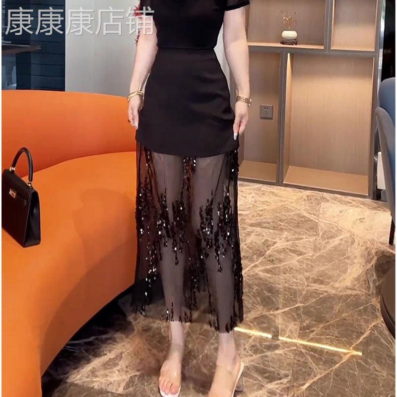 黑色网纱拼接半身裙女夏季2025新款时尚设计感高腰显瘦宽松裙子