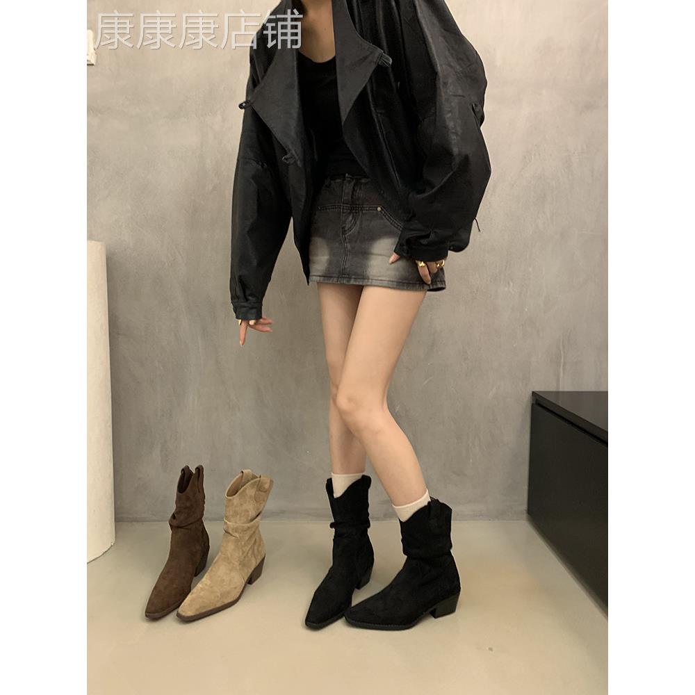 潮牌覆古绒面西部牛仔靴秋冬新款卡其色短靴女靴子粗跟短筒堆堆靴