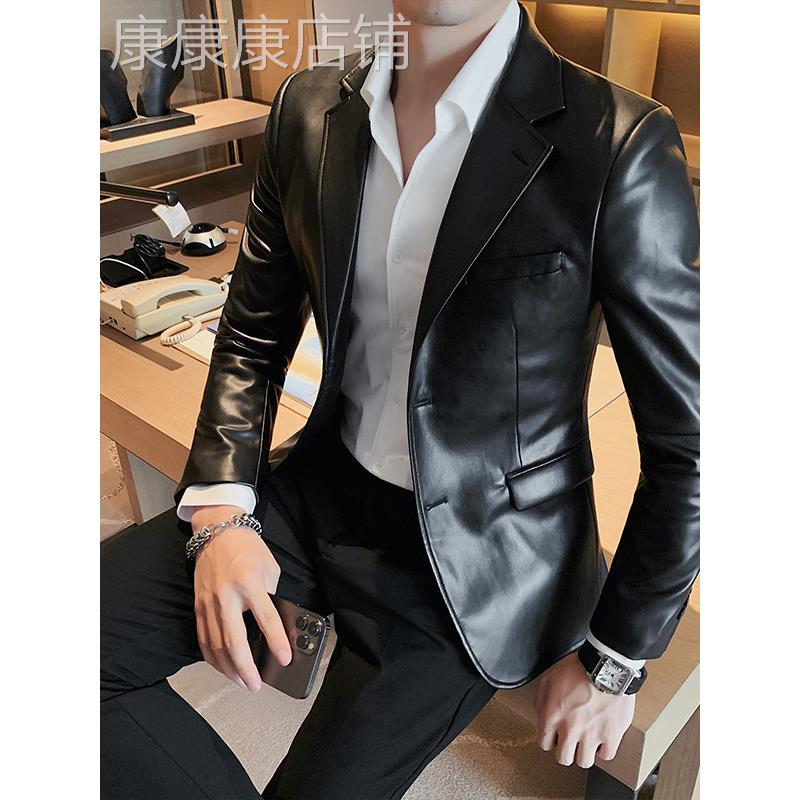 轻奢高端皮西装外套男春秋韩版潮流百搭修身帅气皮夹克小西服上衣