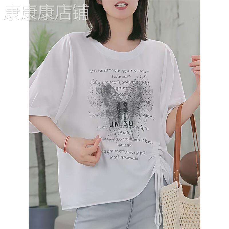 韩国白色重工蝴蝶字母印花短袖T恤女夏季新款超好看时尚宽松上衣