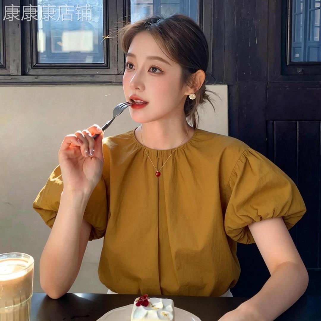 法式气质棕色泡泡袖t衬衫女2026春季新款小个子短款独特超好看上