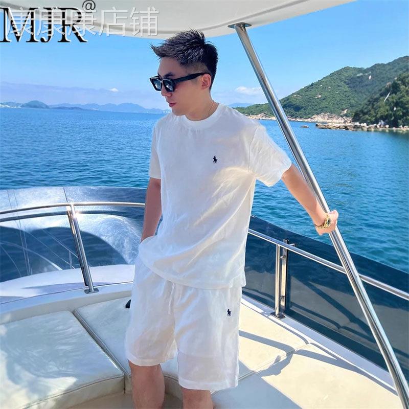 轻奢老钱风亚麻套装男2026新款冰丝短袖男装夏装松弛感穿搭一整套
