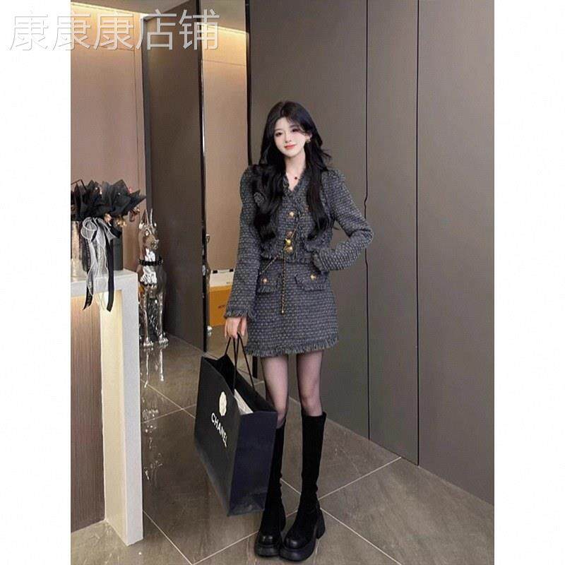 小香风粗花呢流苏长袖短外套女秋冬季欧货配高腰半身短裙两件套装