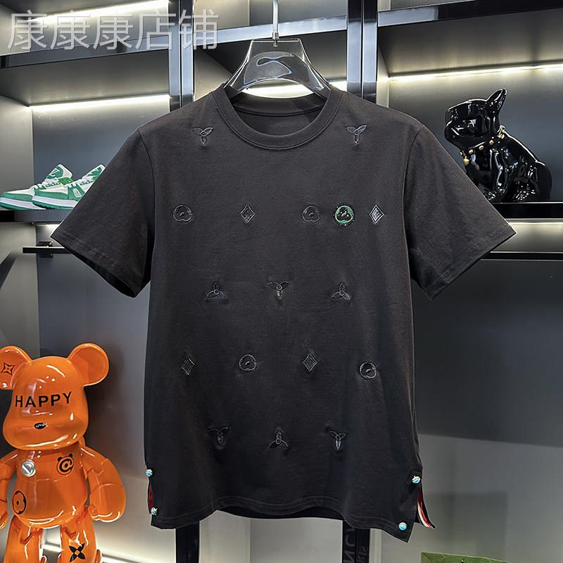 夏季新款重工时尚刺绣小花短袖T恤男士柔软舒适潮牌轻奢设计半袖