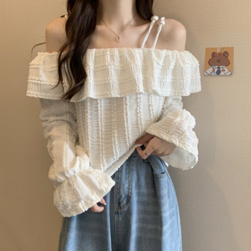 大码一字肩蕾丝衬衫女设计感2025春季新款别致甜辣很仙的上衣