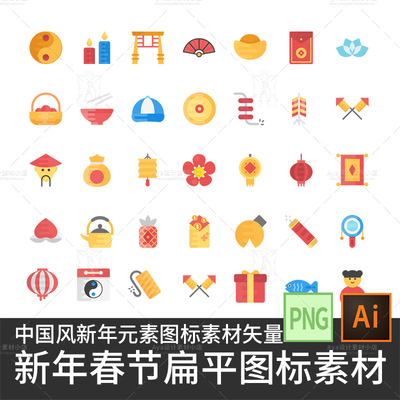 中国风元素新年春节扁平化图标7ui网页app过年海报设计素材