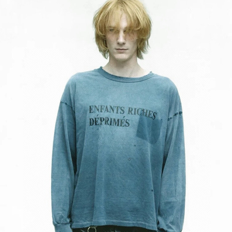 区别市场 ERD忧郁的富二代水洗做旧磨破标语印花口袋长袖T恤男女