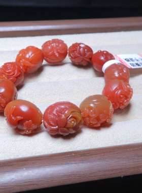 盐源玛瑙特色全橘手串梅花鹿玫瑰花牡丹花珠手串收藏送礼自用