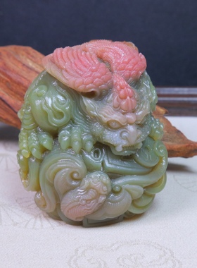 天然原矿盐源玛瑙精工巧雕俏色红黄包浆山海经玄武摆件
