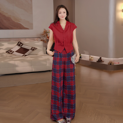 豆豆DC【红格】莱赛尔天丝亚麻小众设计女士休闲裤-26XK1153