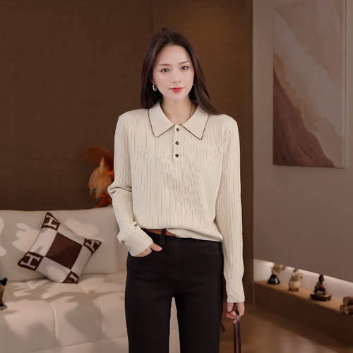豆豆DA【秋序绞花】翻领绞花套头针织衫女士显瘦上衣-26QM7176-1