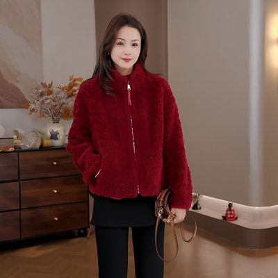 豆豆DD【100%羊毛】羊羔毛保暖百搭宽松立领毛毛外套女-958325DW