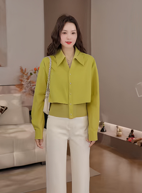 豆豆DA【polo拼接衫】设计感小众假两件衬衫女百搭上衣-26CC26601