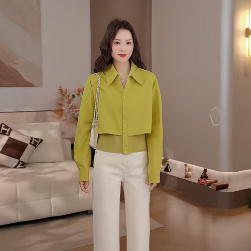 豆豆DA【polo拼接衫】设计感小众假两件衬衫女百搭上衣-26CC26601