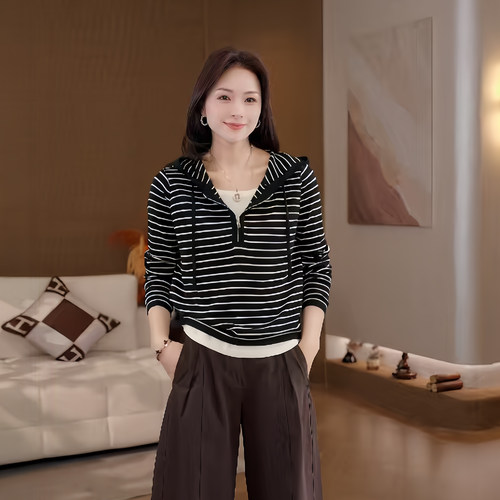 豆豆DH【旧时光】绵羊毛桑蚕丝假两件显瘦女士连帽卫衣-26QM6309