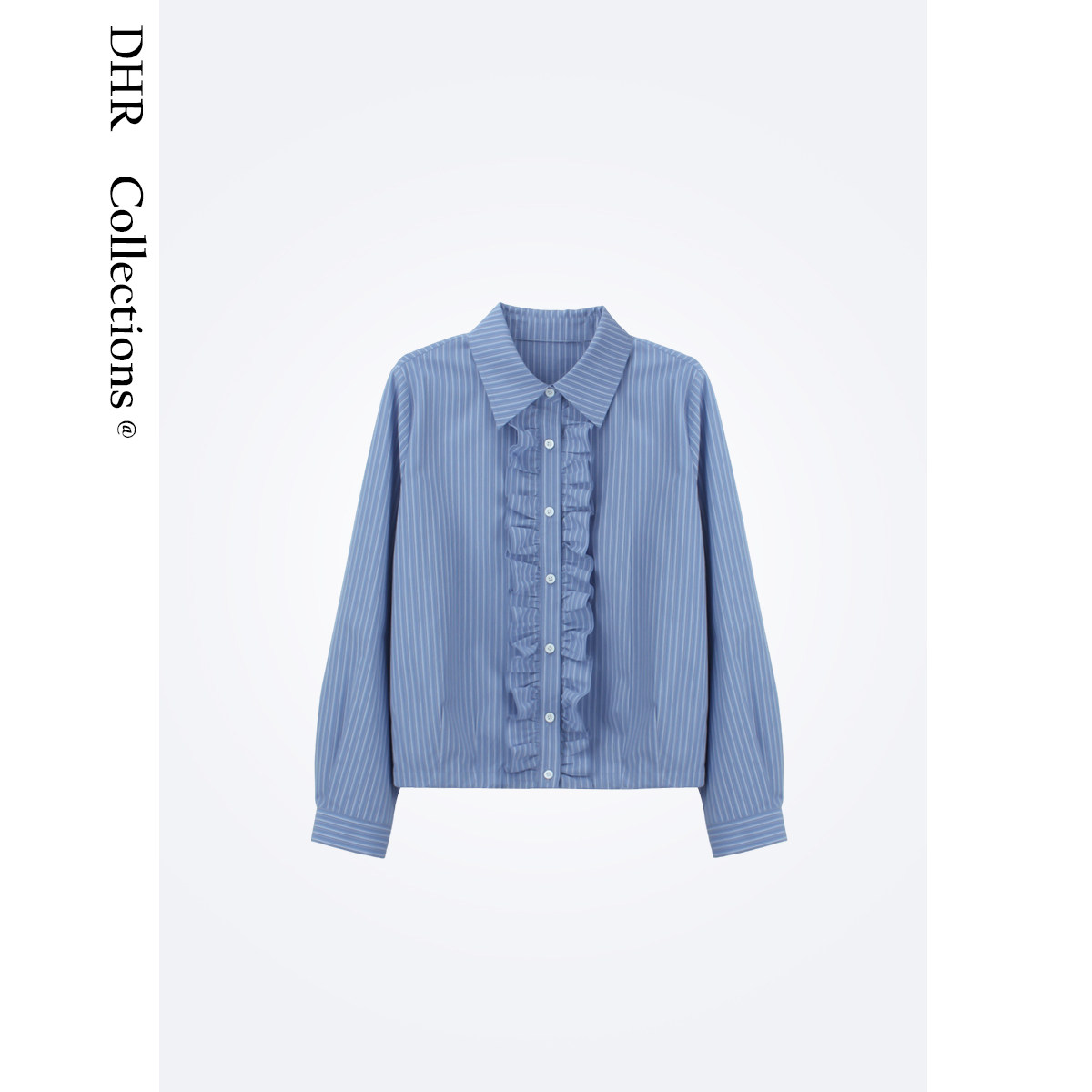 豆豆DA【条纹衬衫】日系复古蓝色花边竖条长袖衬衫上衣-26CC032