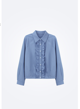 豆豆DA【条纹衬衫】日系复古蓝色花边竖条长袖衬衫上衣-26CC032