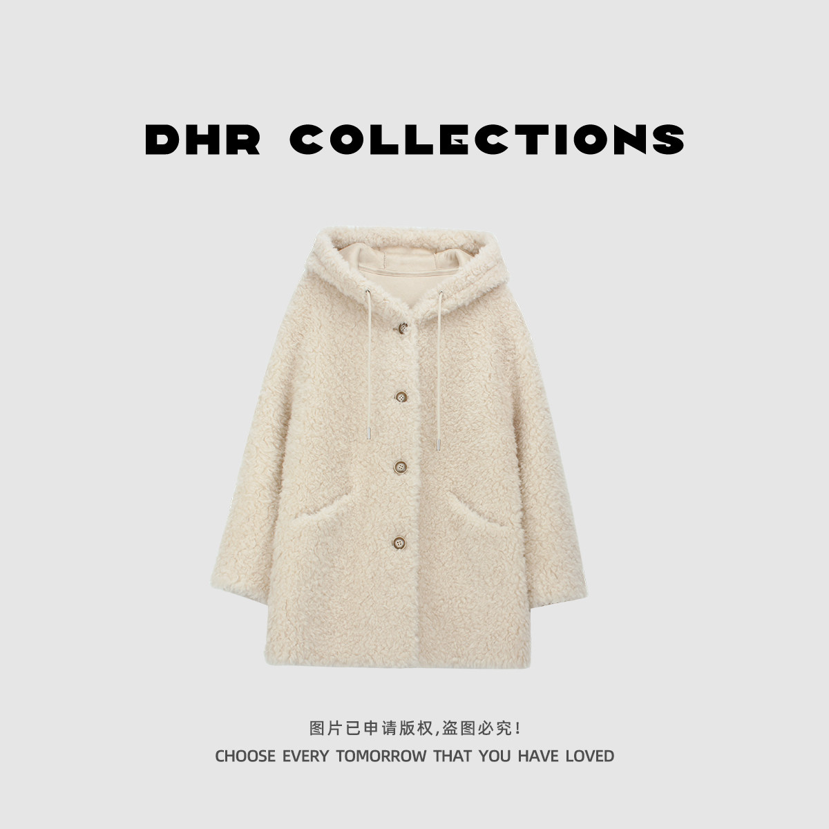 豆豆DD【100%羊毛】新款慵懒风中长款连帽加厚毛毛外套-955625DW