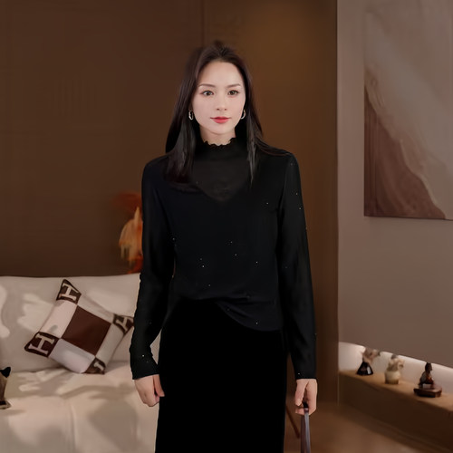 豆豆DA【银丝纱】高弹网纱打底衫女秋冬叠穿木耳边领T恤-26CD062