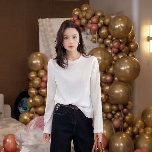 豆豆DG【云朵T】早秋新款显瘦百搭圆领T恤女士打底长袖-26QT1245