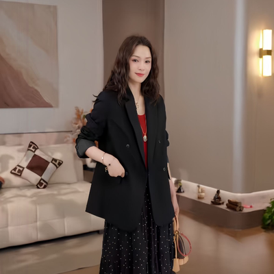 豆豆DA【纸片人】韩版小众休闲中长款显瘦西装外套上衣-26CW9099