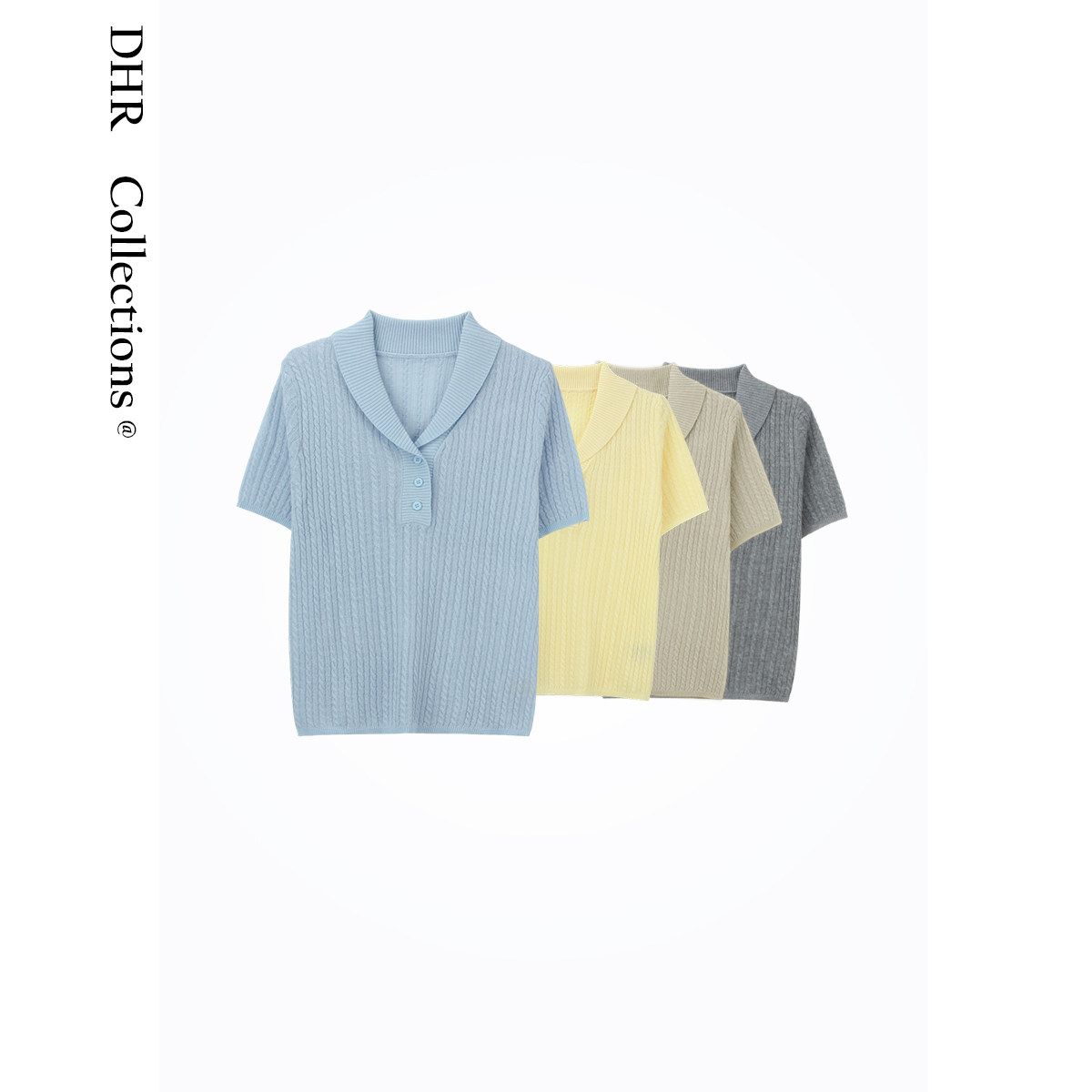 豆豆DA【麻花三粒扣】天丝+亚麻翻领螺纹针织短袖T恤衫-26CM00206