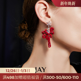 饰礼物 圣诞装 JAY氛围红丝绒雪花耳坠夸张耳环新款 方圆脸耳饰长款
