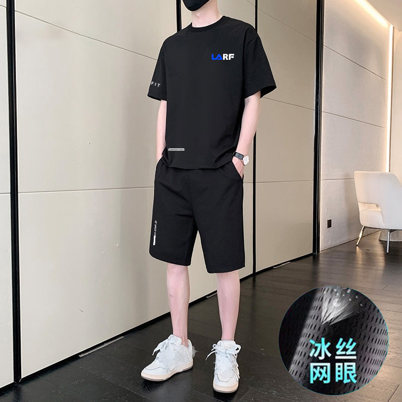 冰感速干运动套装男夏季薄款健身高弹男士冰丝网眼短袖短裤