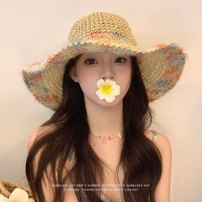 防晒帽女夏季彩色编织草帽海边度假透气镂空大帽檐防紫外线遮阳帽
