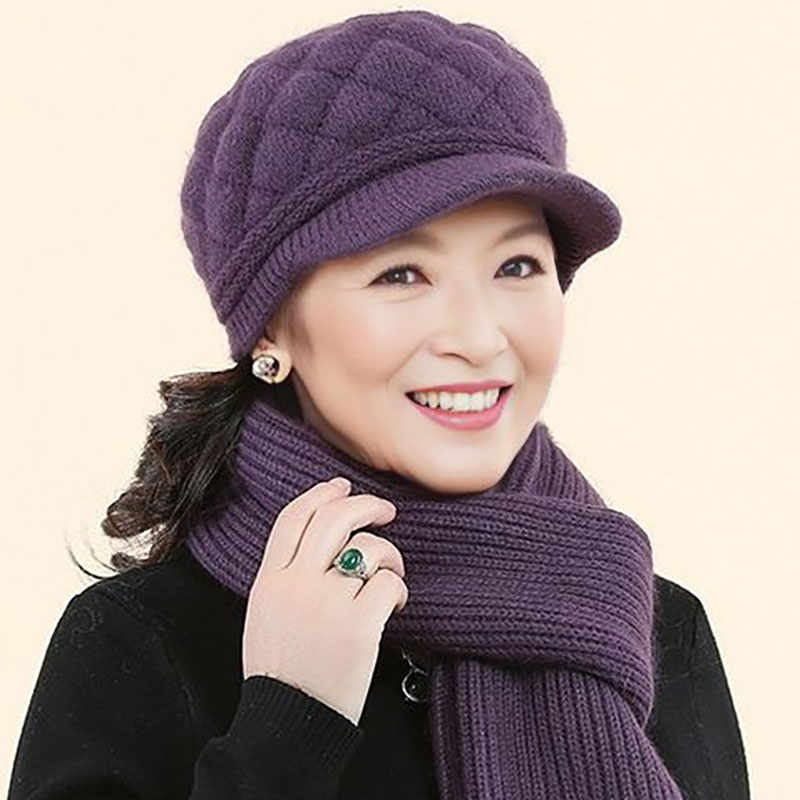 中老年人帽子女护耳贝雷帽秋冬时尚保暖妈妈帽加绒加厚针织毛线帽