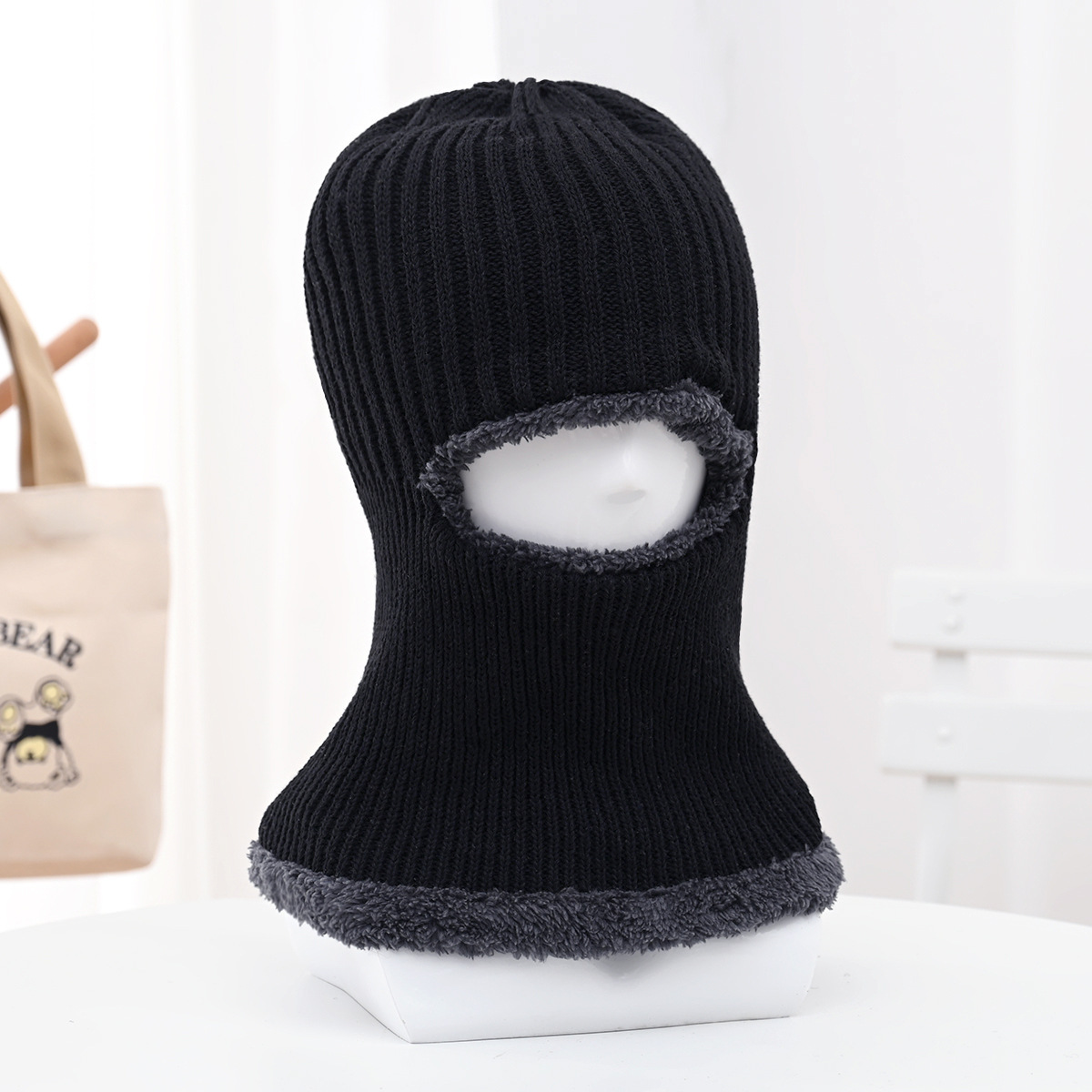 冬季新款男士围脖一体加绒加厚毛线帽中老年男骑车护颈防寒针织帽